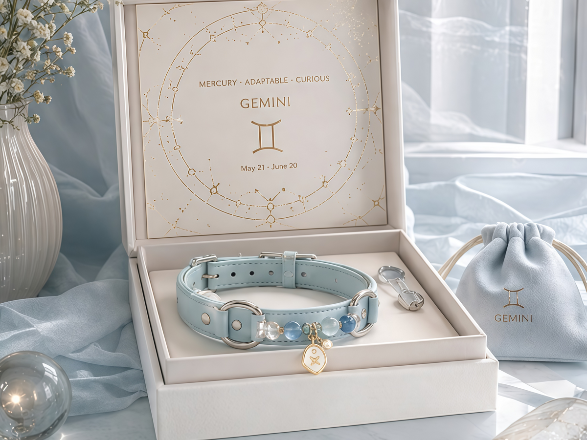 Gemini Zodiac Crystal Faux Leather Pet Collar, Constellation Charm for Dogs