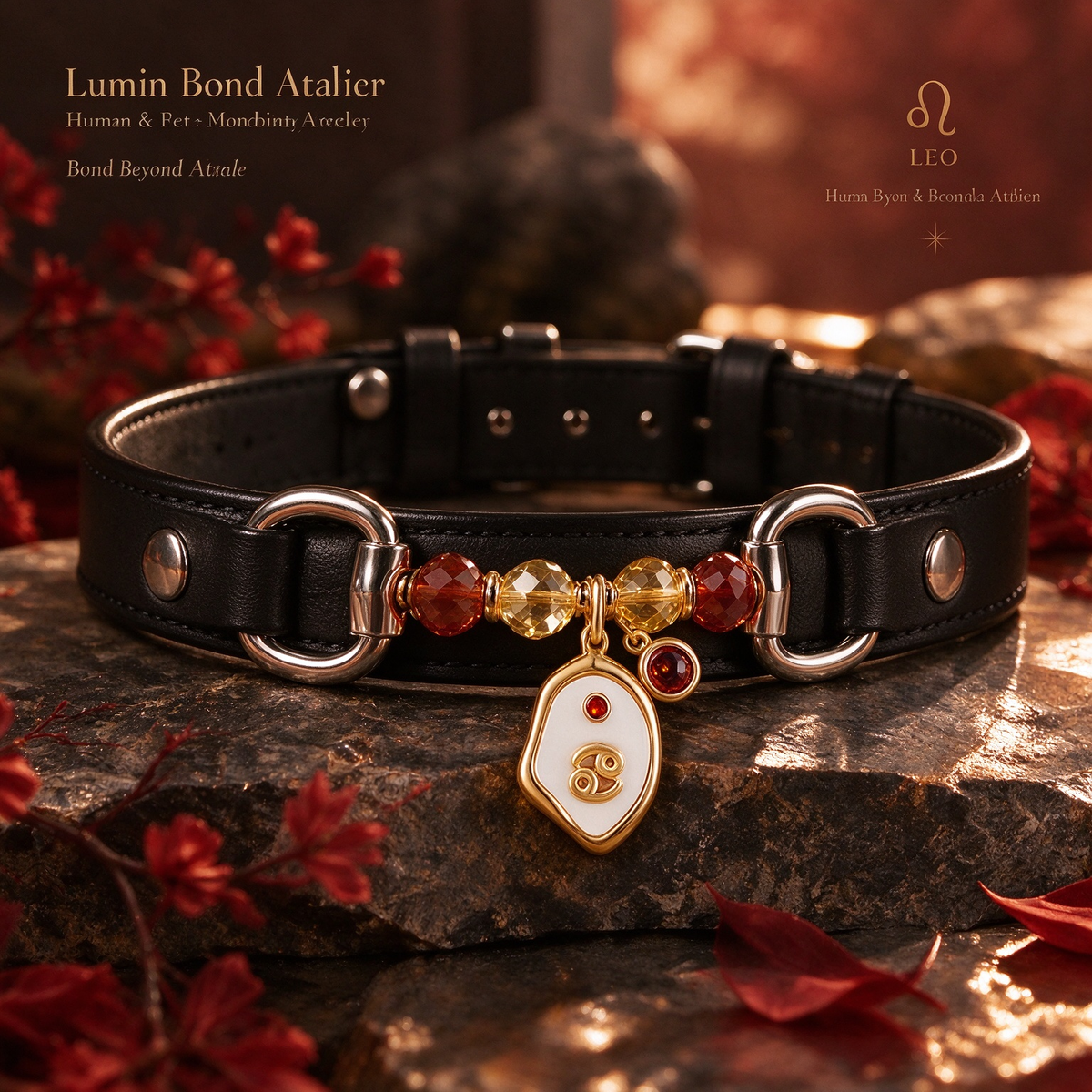 Cancer Zodiac Crystal Faux Leather Pet Collar, Constellation Charm for Dogs