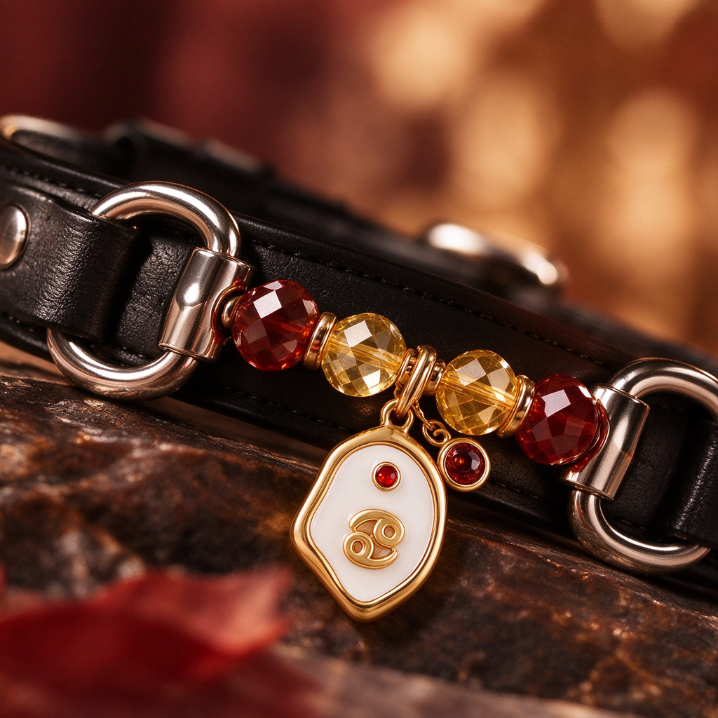 Cancer Zodiac Crystal Faux Leather Pet Collar, Constellation Charm for Dogs