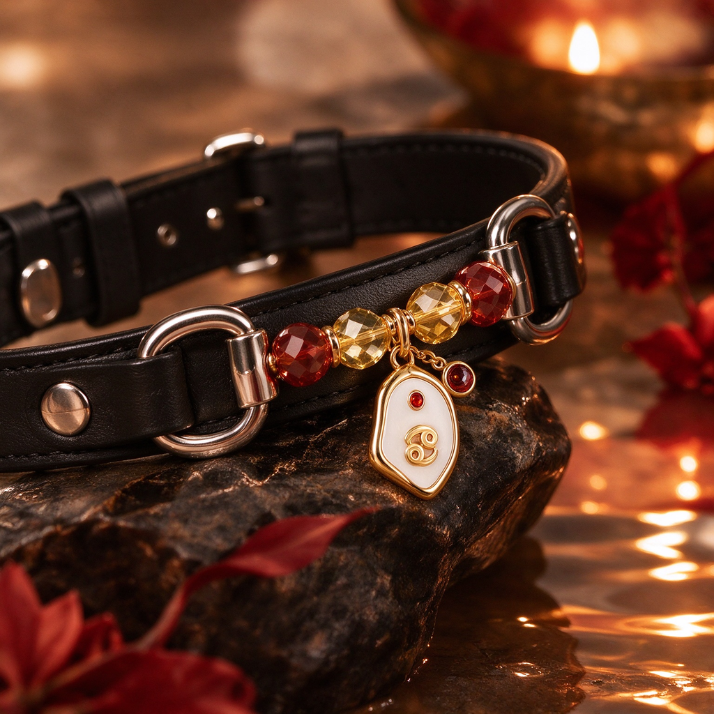 Cancer Zodiac Crystal Faux Leather Pet Collar, Constellation Charm for Dogs