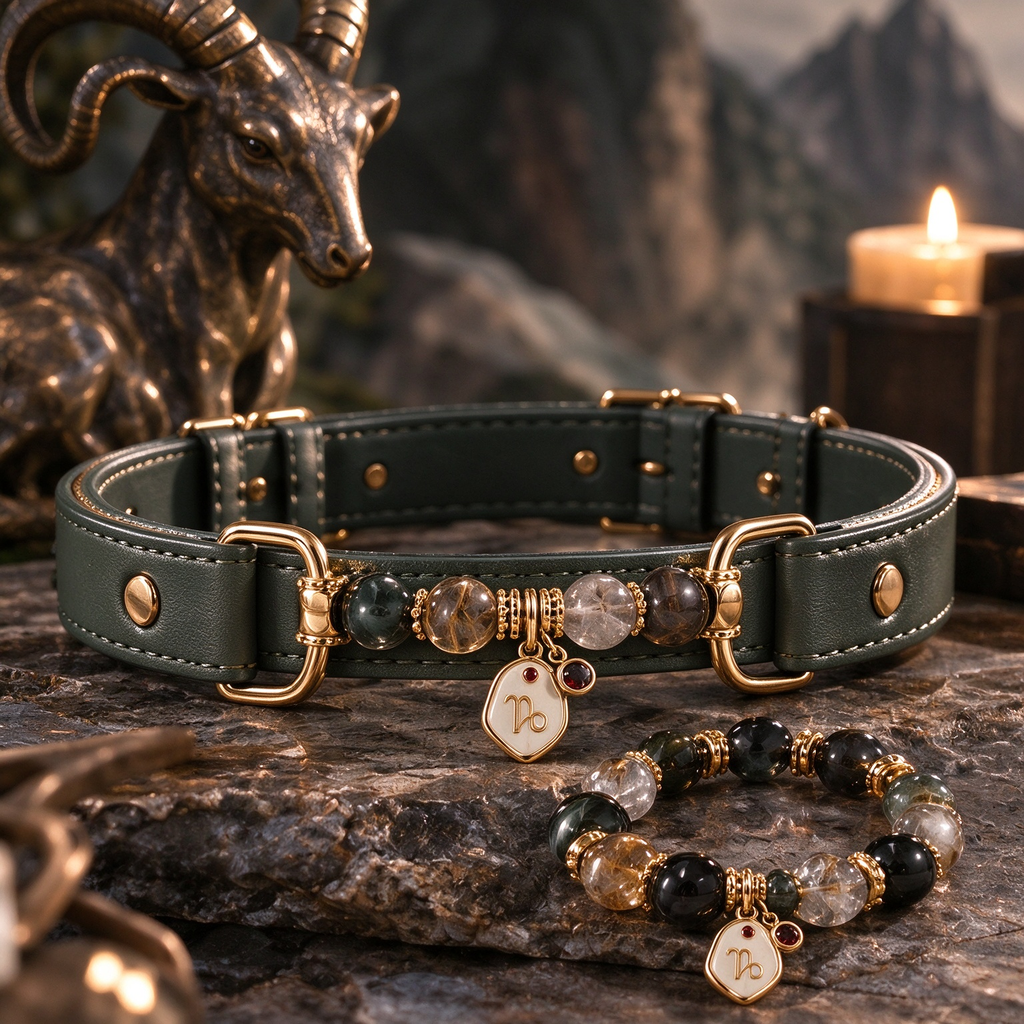 Capricorn Zodiac Crystal Faux Leather Pet Collar, Constellation Charm for Dogs