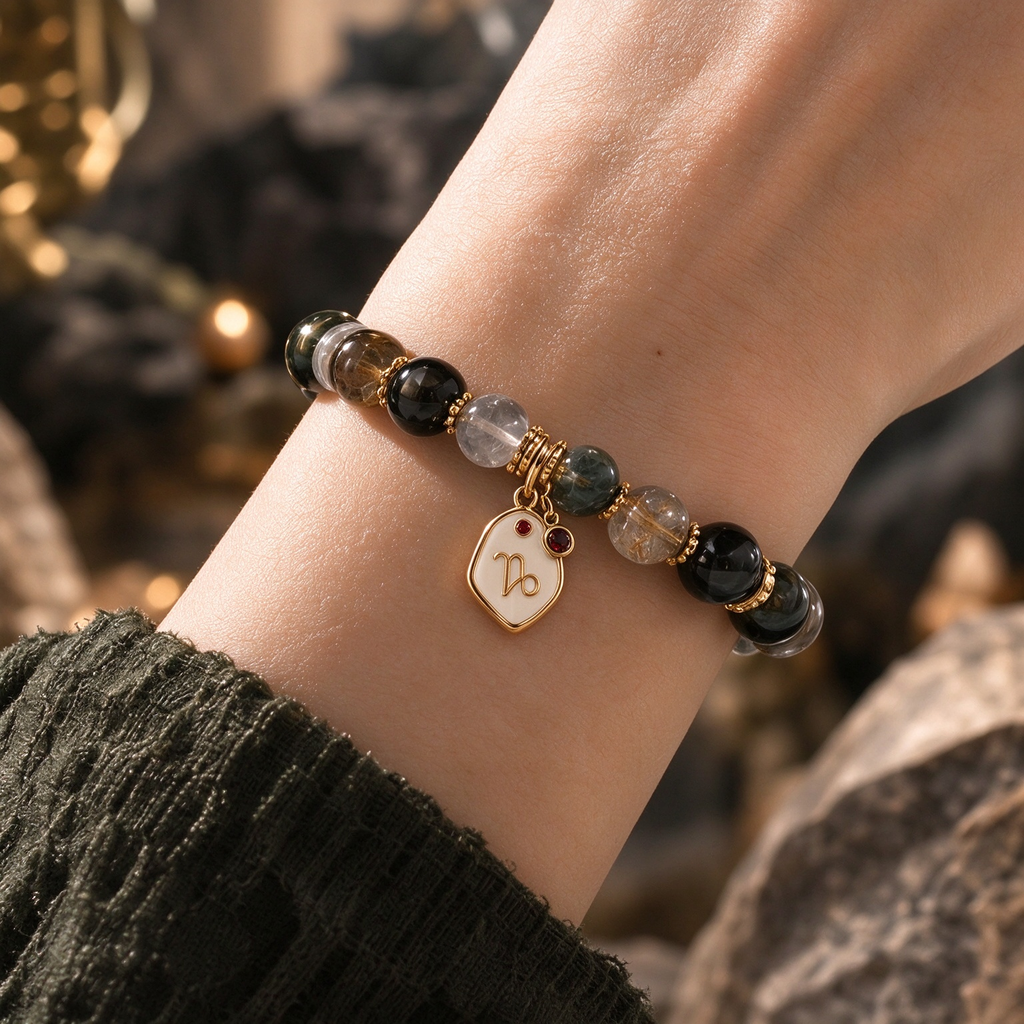 Capricorn Zodiac Natural Crystal Bracelet, Hand‑Curated Gemstone Spiritual Bracelet