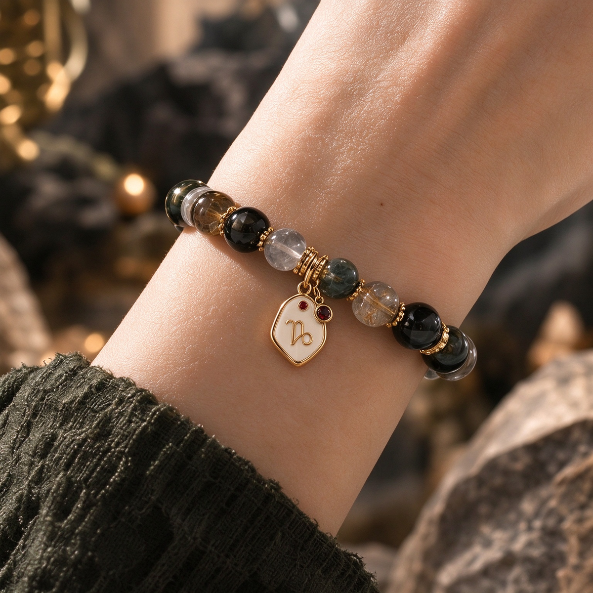 Capricorn Zodiac Natural Crystal Bracelet, Hand‑Curated Gemstone Spiritual Bracelet