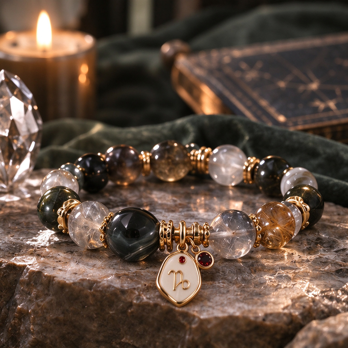 Capricorn Zodiac Natural Crystal Bracelet, Hand‑Curated Gemstone Spiritual Bracelet
