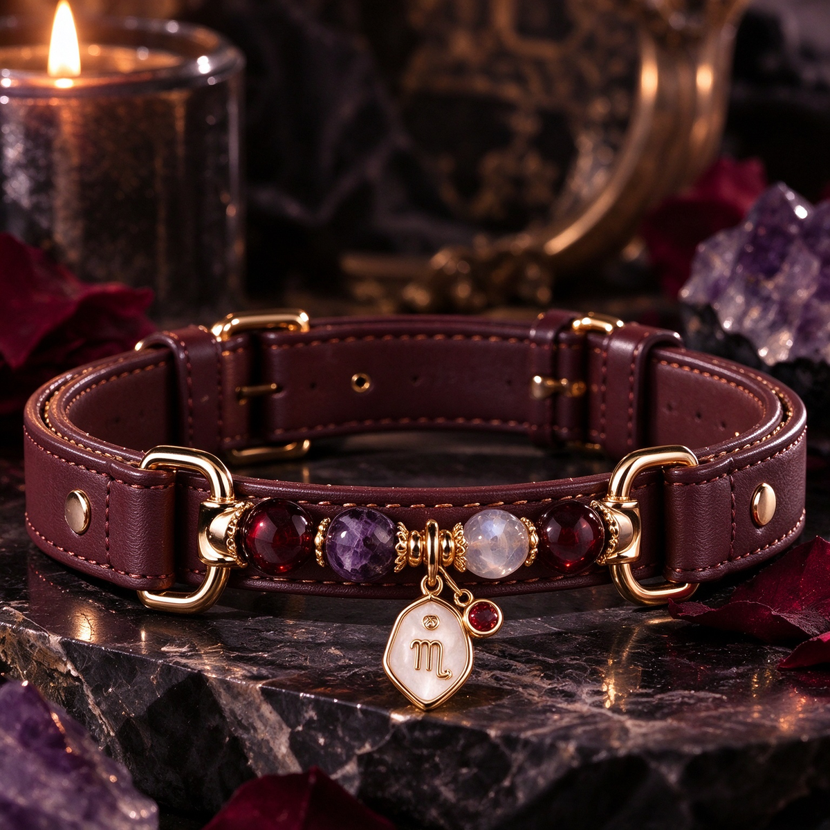 Scorpio Zodiac Crystal Faux Leather Pet Collar, Constellation Charm for Dogs