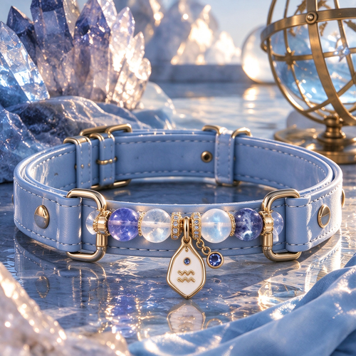Aquarius Zodiac Crystal Faux Leather Pet Collar, Constellation Charm for Dogs