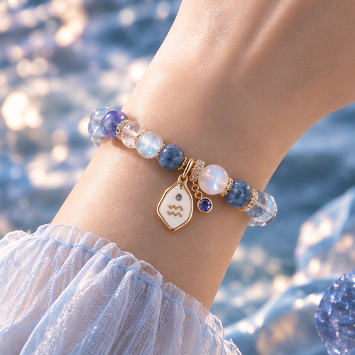 Aquarius Zodiac Natural Crystal Bracelet, Hand‑Curated Gemstone Spiritual Bracelet