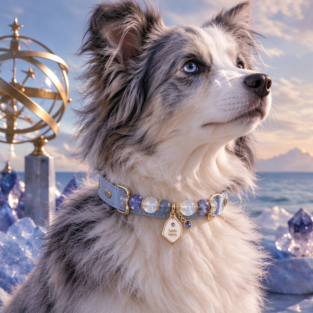 Aquarius Zodiac Crystal Faux Leather Pet Collar, Constellation Charm for Dogs