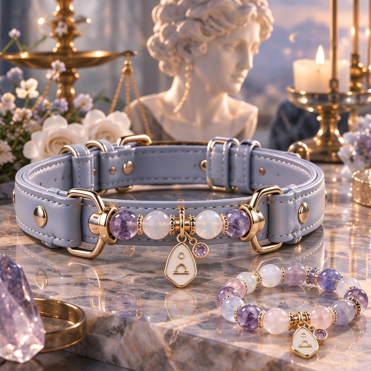 Libra Zodiac Crystal Faux Leather Pet Collar, Constellation Charm for Dogs