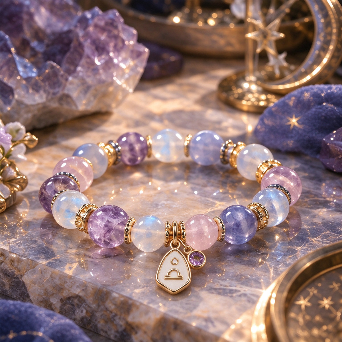 Libra Zodiac Natural Crystal Bracelet, Hand‑Curated Gemstone Spiritual Bracelet